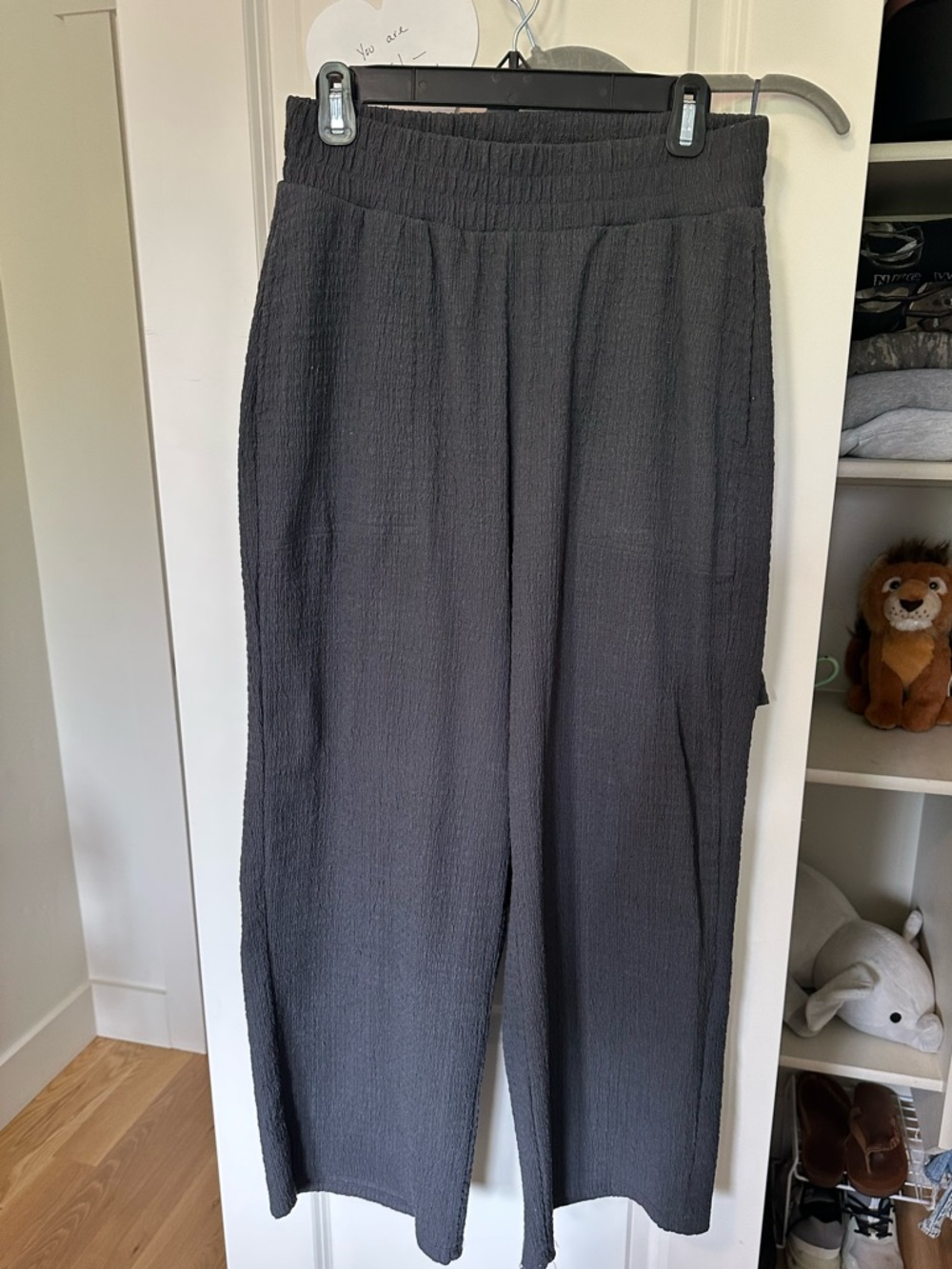 FP Beach Set. Charcoal Wide-Leg Gauzy Pants and Off the Shoulder Top.